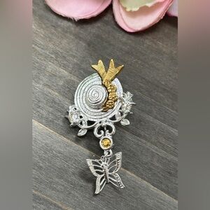 Vintage Silver Hat Brooch with Dangling Butterfly Charm, signed